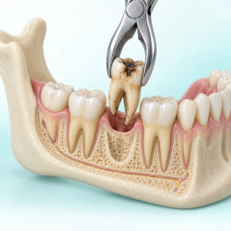 Educational illustration of forceps removing a severely decayed molar from its socket; extraction is considered after assessment