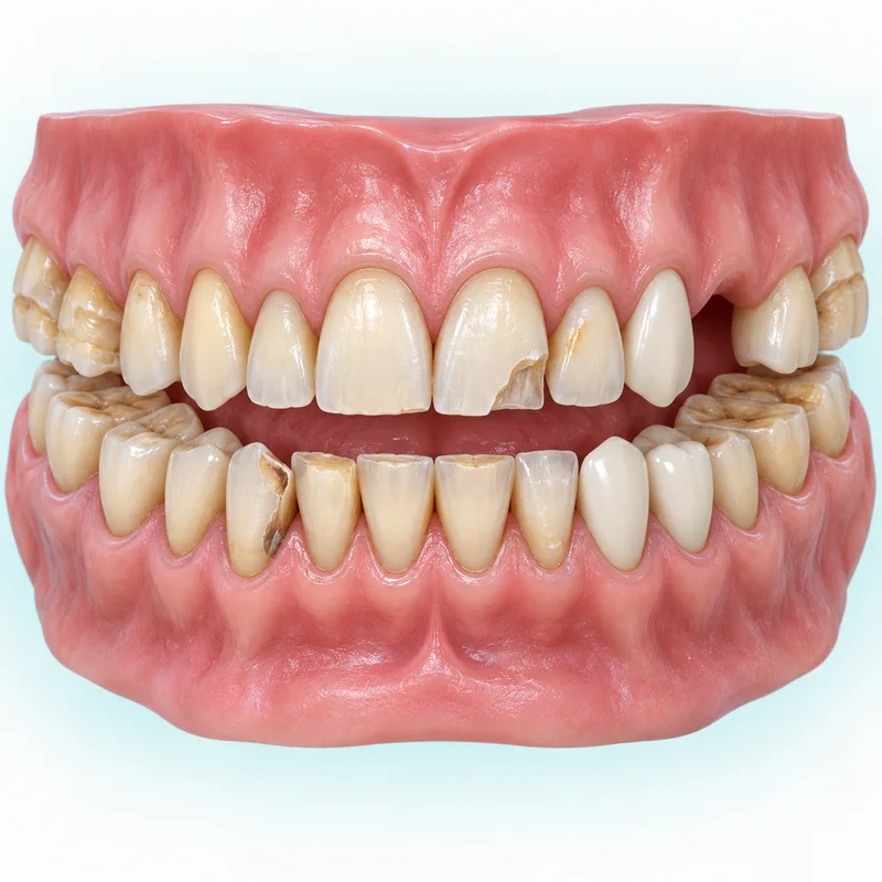 Educational illustration of worn, damaged, missing and restored teeth across both dental arches to represent comprehensive rehabilitation planning