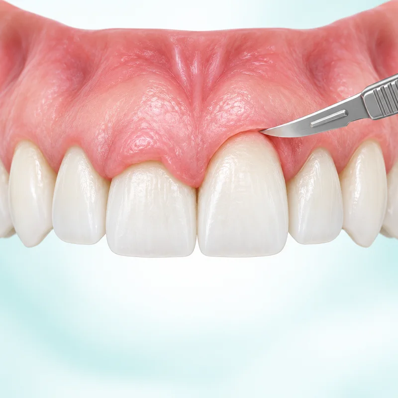 Educational illustration of conservative removal of excess gum tissue around natural front teeth