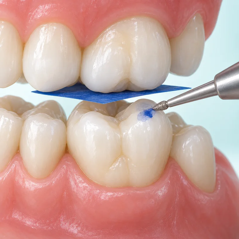 Educational illustration of articulating paper marking a bite contact and a fine bur making a small selective cusp adjustment