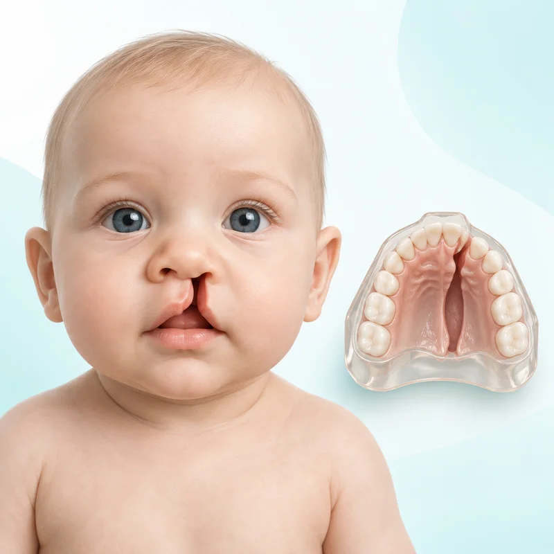 Illustration of cleft lip and a separate palate model showing a cleft