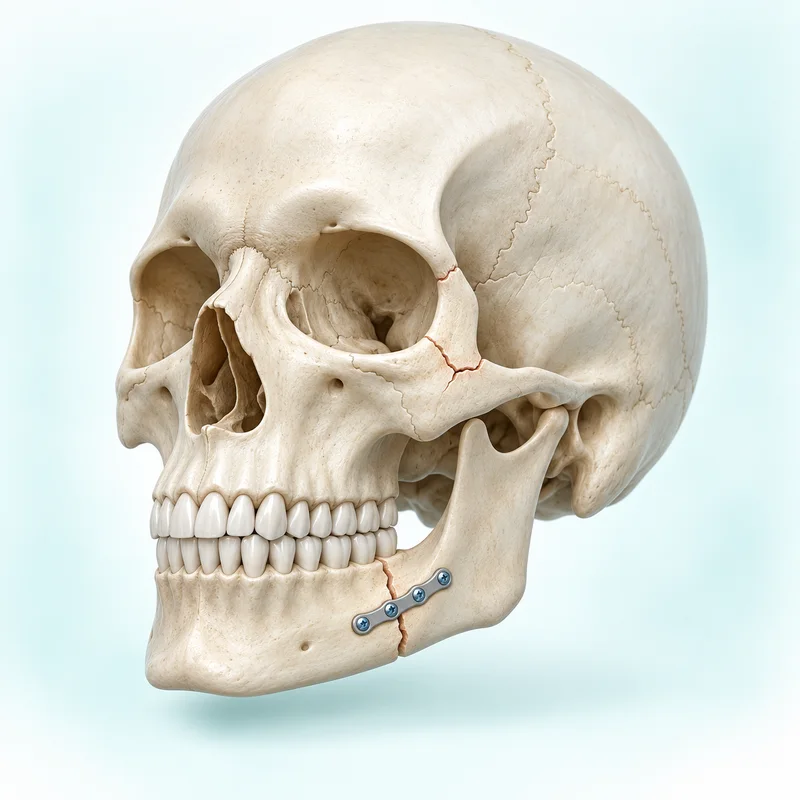 Illustration of facial and lower jaw fractures with a fixation plate across the jaw fracture