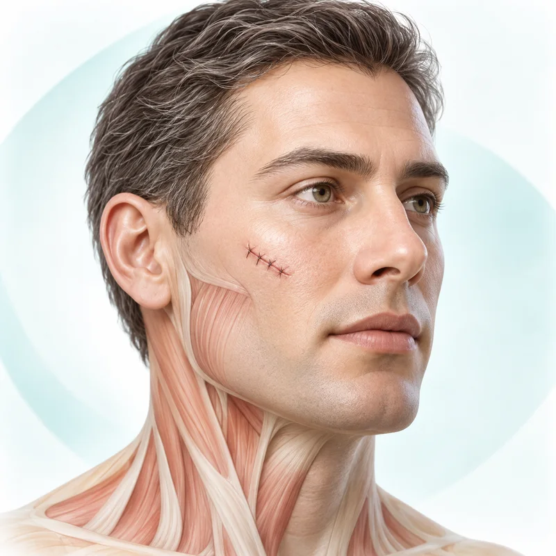 Illustration of a facial anatomical model with a small sutured cheek wound