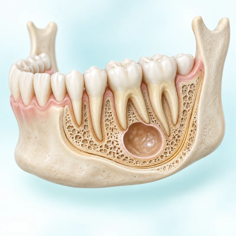Illustration of a localized cyst-like cavity in the lower jaw beneath molar roots