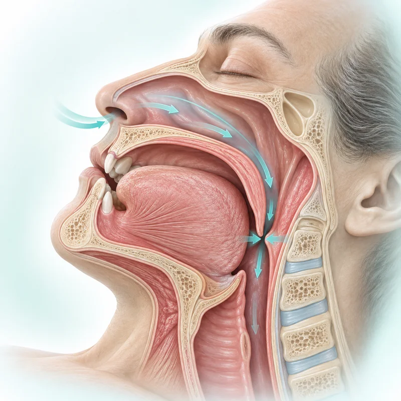 Illustration of the upper airway with narrowing behind the tongue in obstructive sleep apnoea