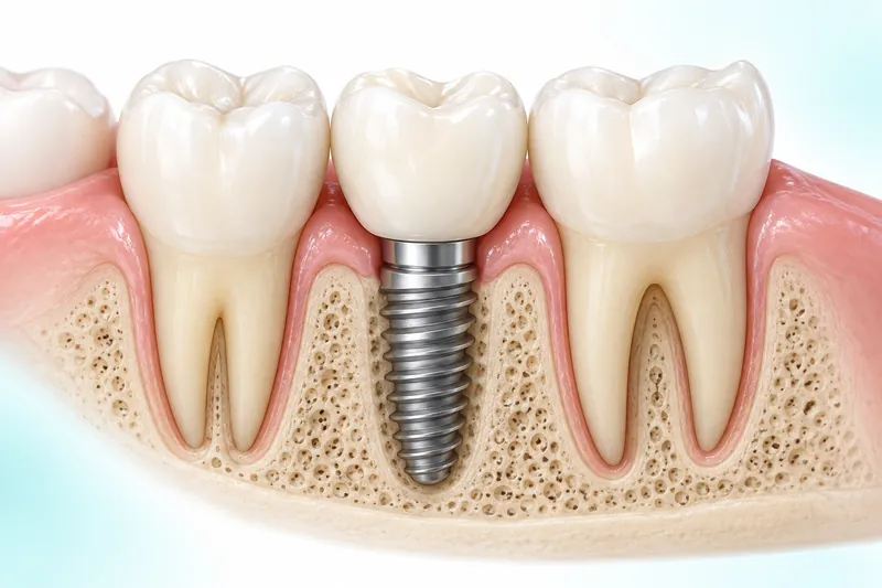 Illustration of one implant-supported crown between two natural teeth, showing the implant in jawbone