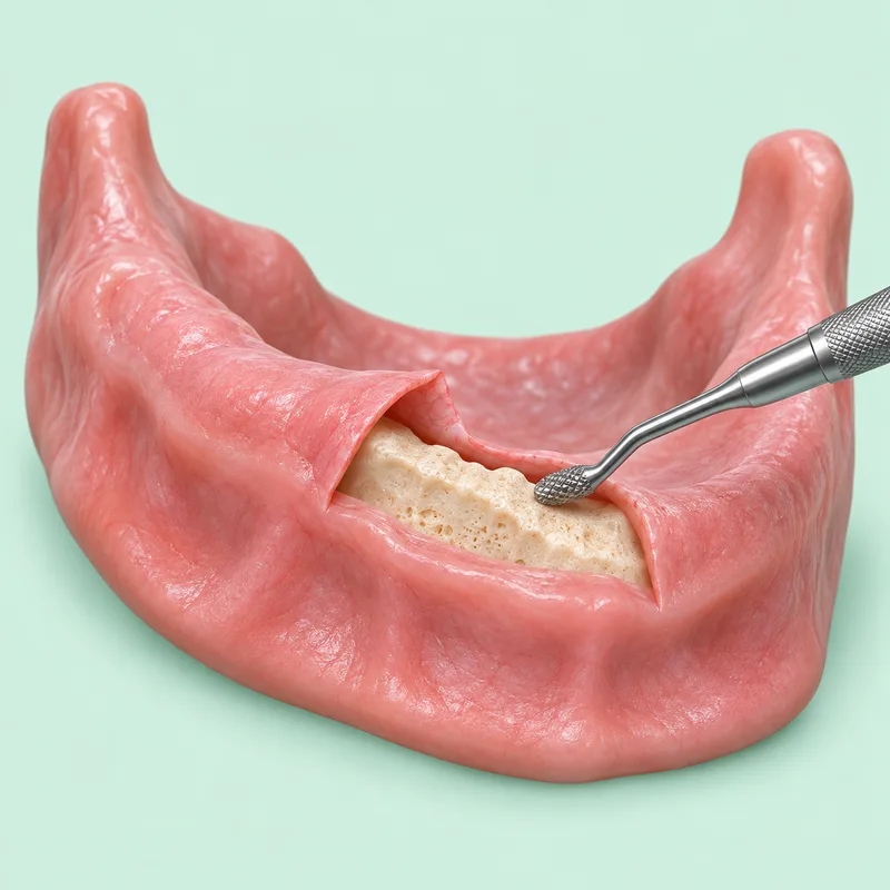 Educational illustration of smoothing a toothless jaw ridge before denture planning
