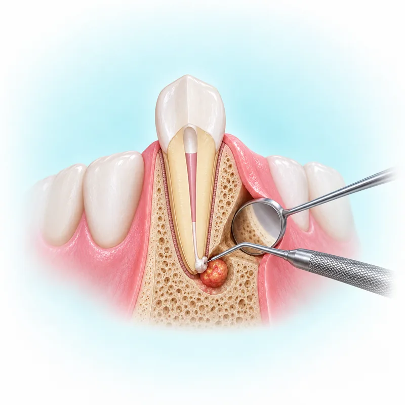Illustration of root-end treatment instruments beside a natural tooth root