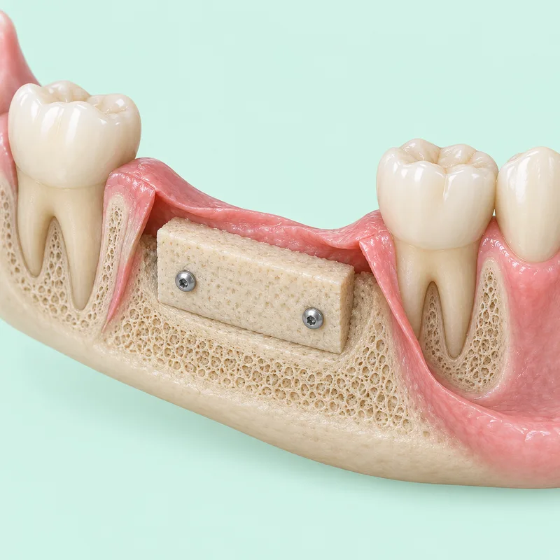 Educational illustration of a shaped bone block secured against a jaw ridge with two fixation screws