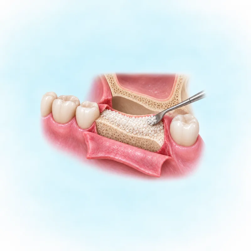 Broad jaw-ridge augmentation with bone graft material beneath reflected gum and upper-jaw sinus context
