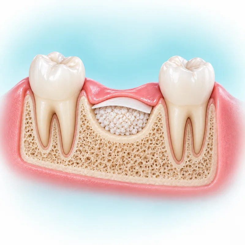 Illustration of bone graft granules covered by a barrier membrane