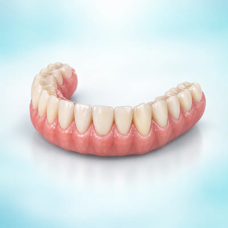 Illustration of a complete dental arch prosthesis with supports concealed beneath the restoration