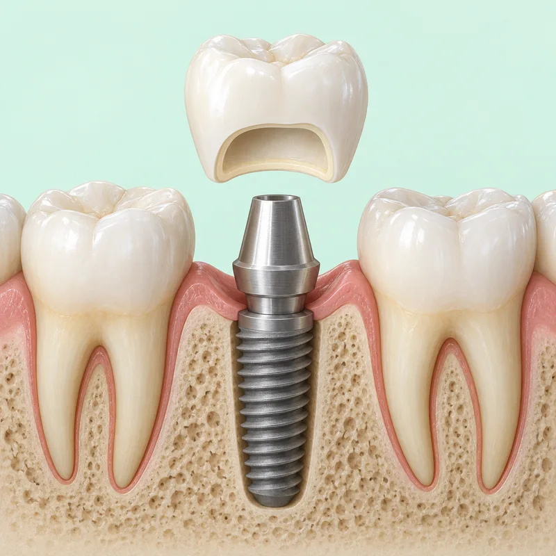Educational cutaway illustration of a crown fitting over an implant abutment with a thin layer of cement