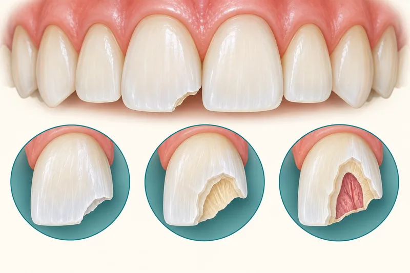 Conceptual illustration of different depths of fracture in the visible part of a natural tooth.