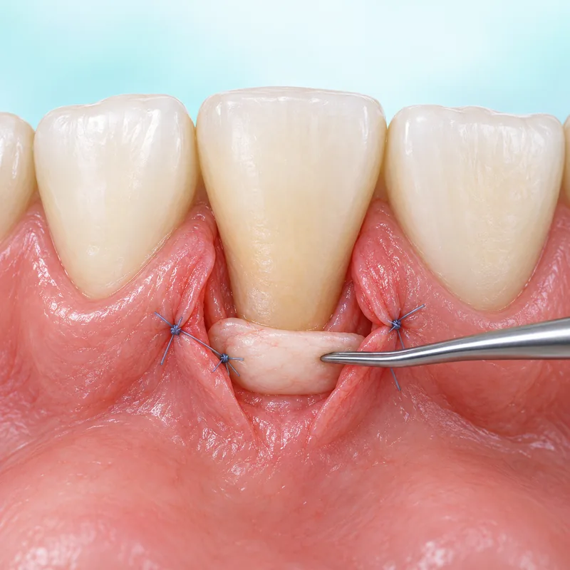 Small connective tissue graft positioned at a recessed natural tooth root with sutures