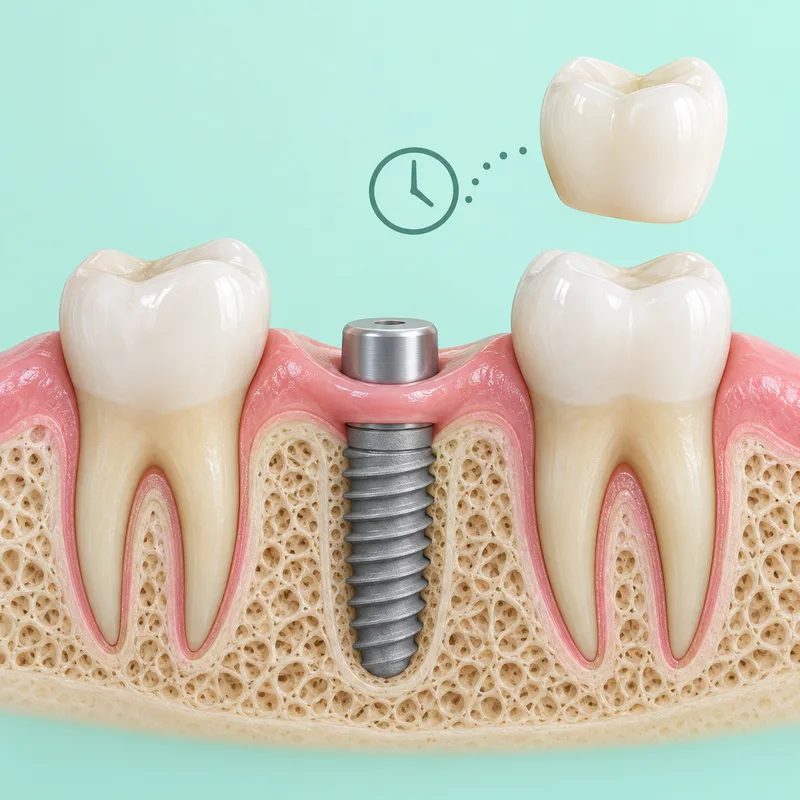 Illustration of an implant in jawbone with a healing abutment and a separate crown representing later restoration