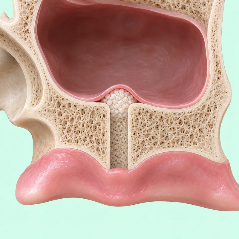 Educational illustration of a small sinus-floor lift with graft material introduced through the jaw ridge