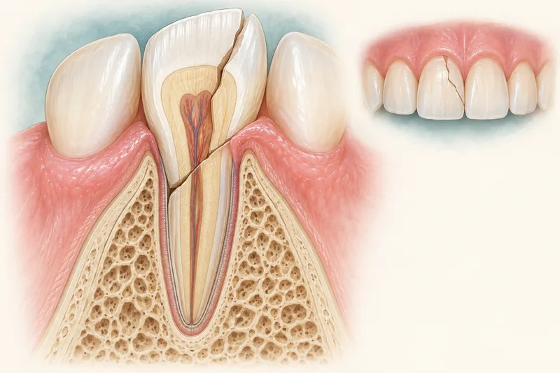 Conceptual cutaway illustration of a permanent tooth fracture extending below the gum into the root.