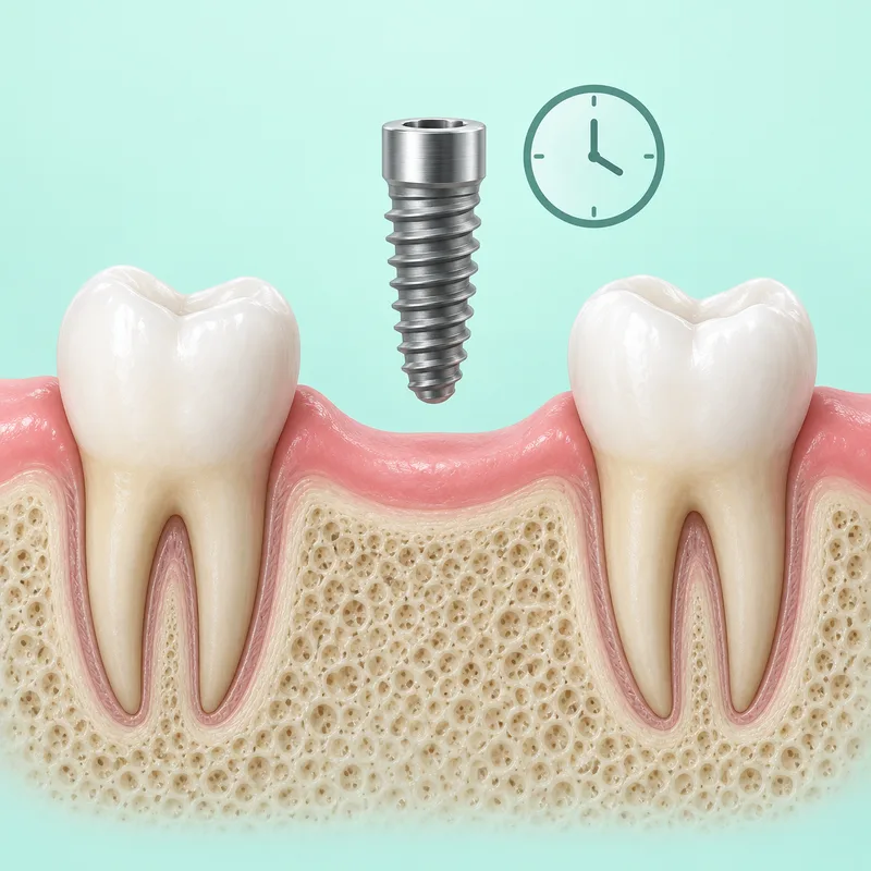 Illustration of a healed tooth gap with an implant above the ridge and a clock representing a healing interval