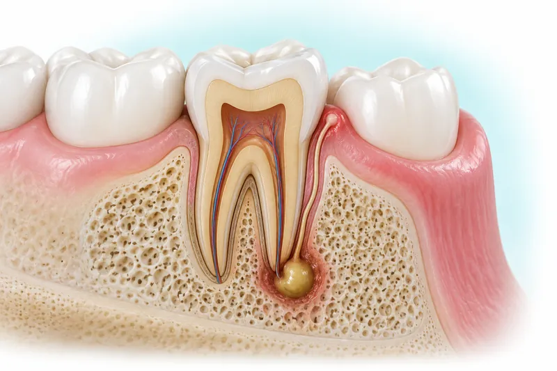 Educational cutaway showing an infection focus near a natural tooth root