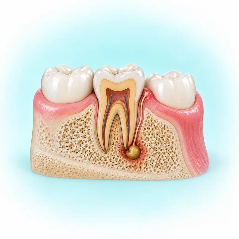 Illustration of a localized collection near a natural tooth root and a drainage path