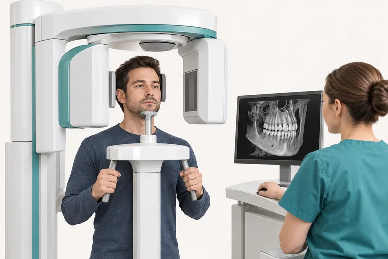 Conceptual illustration of positioning for a dental CBCT scan with a jaw image on a monitor.