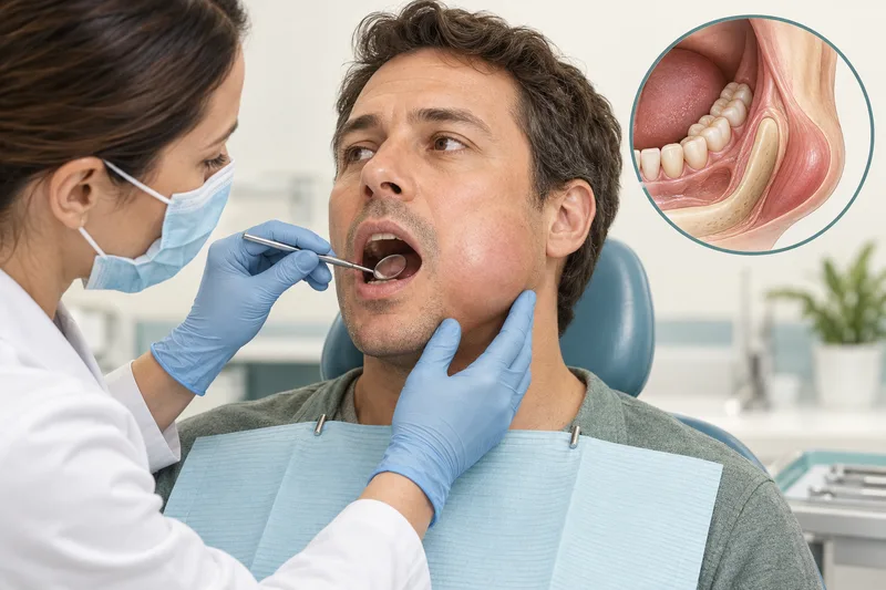 Conceptual illustration of a clinician assessing mouth and facial swelling.
