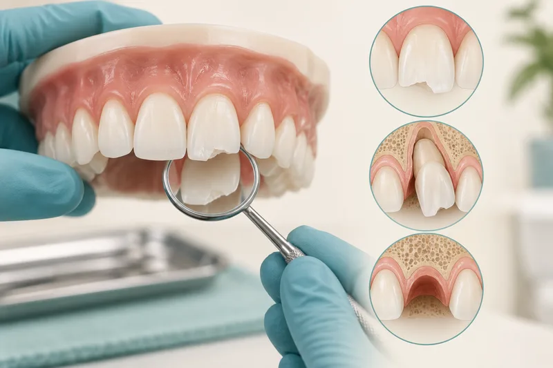 Educational illustration of assessment and different types of tooth injury.