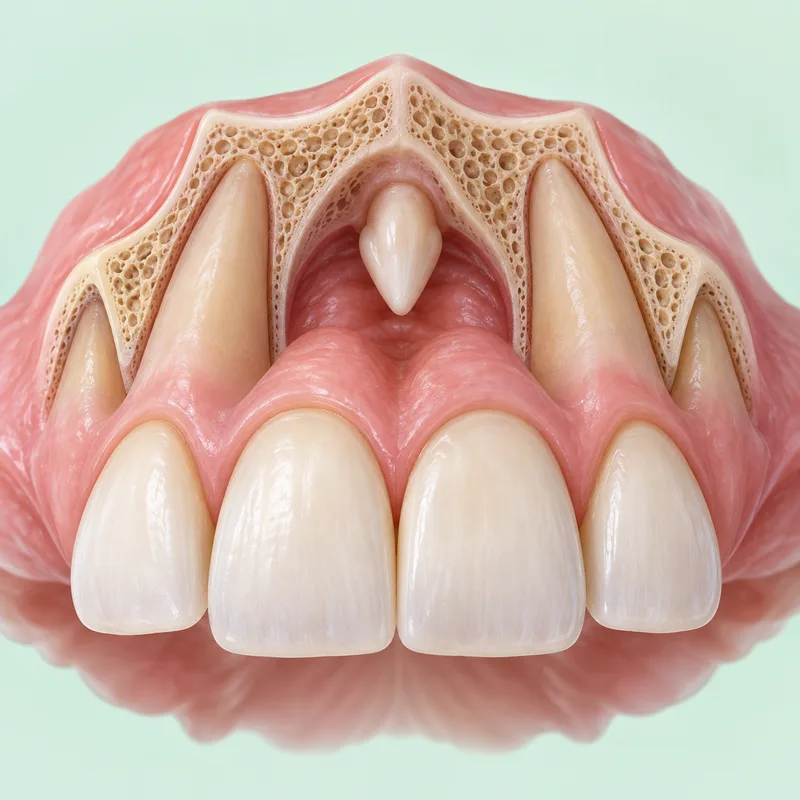 Educational illustration showing a small extra conical tooth behind the upper front teeth