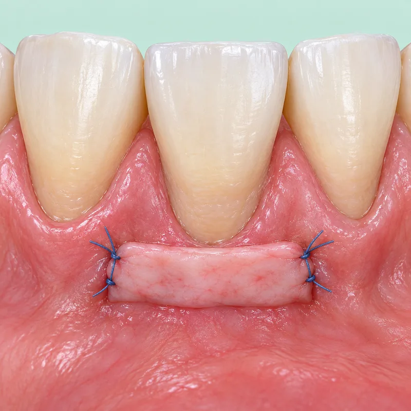 Educational illustration of a gum tissue graft secured below the margins of three natural front teeth