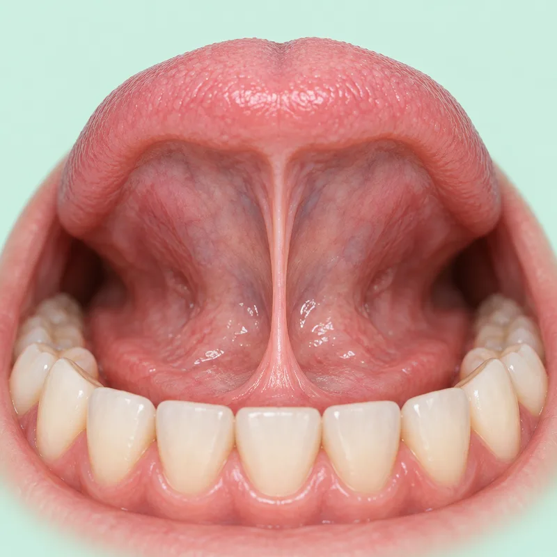 Educational illustration of the tissue band beneath a lifted tongue