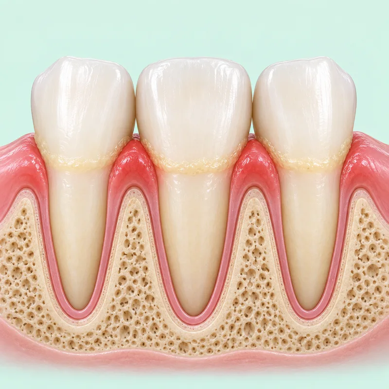 Educational cutaway showing inflamed gum margins around natural teeth with intact supporting bone