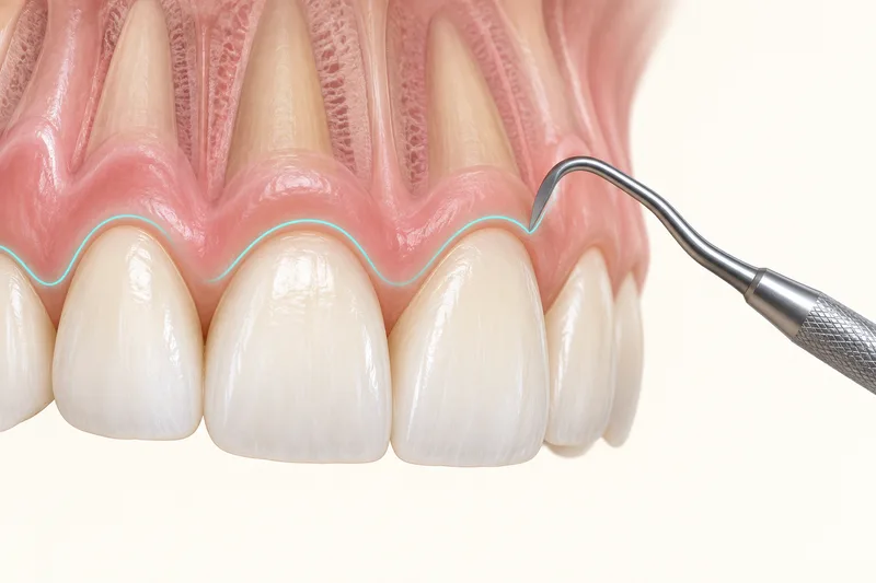 Conceptual illustration of natural-tooth gum contours with a professional instrument and a highlighted gum line.
