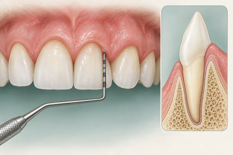 Conceptual illustration of gum-margin measurement beside natural front teeth with a tooth, gum and bone cross-section.