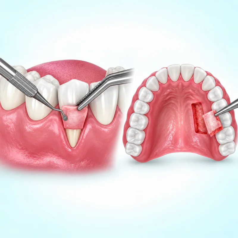 Illustration of a gum graft at a natural tooth and a separate palate donor view