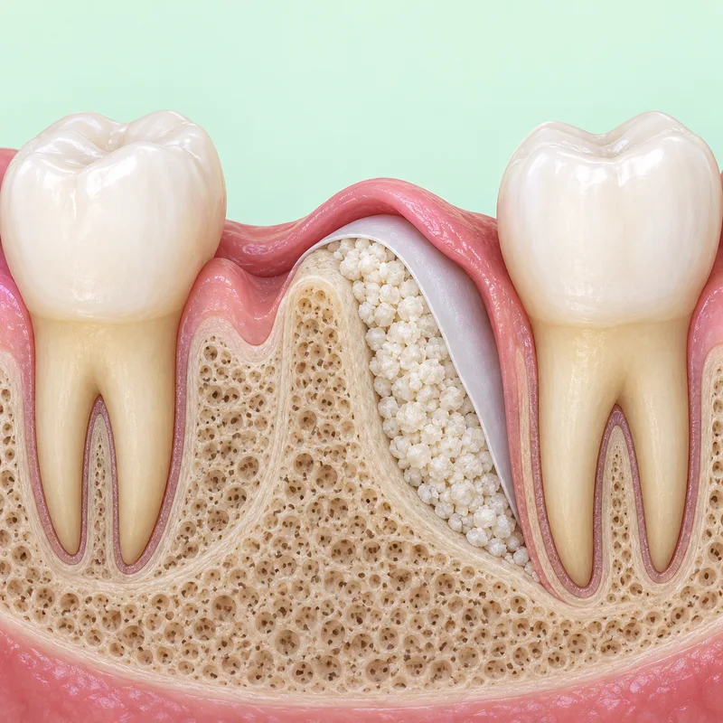 Educational illustration of bone graft material added along the side of a narrow jaw ridge beneath a membrane