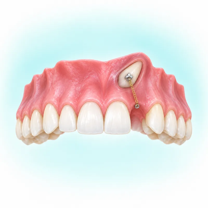 Illustration of an exposed impacted canine with an orthodontic attachment and chain