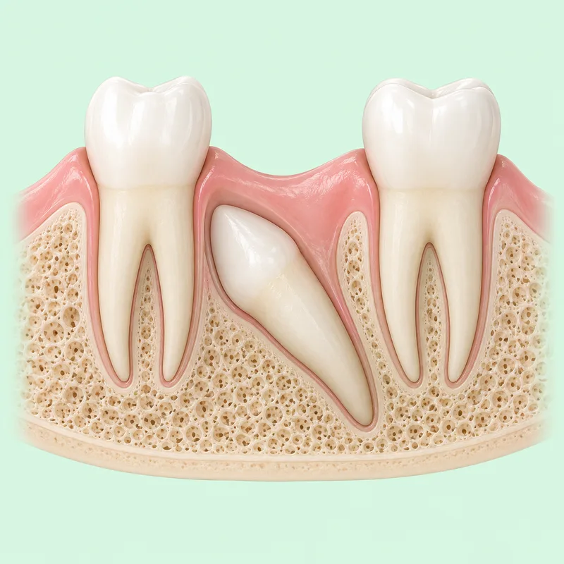Educational cutaway showing an unerupted angled natural tooth beneath the gum