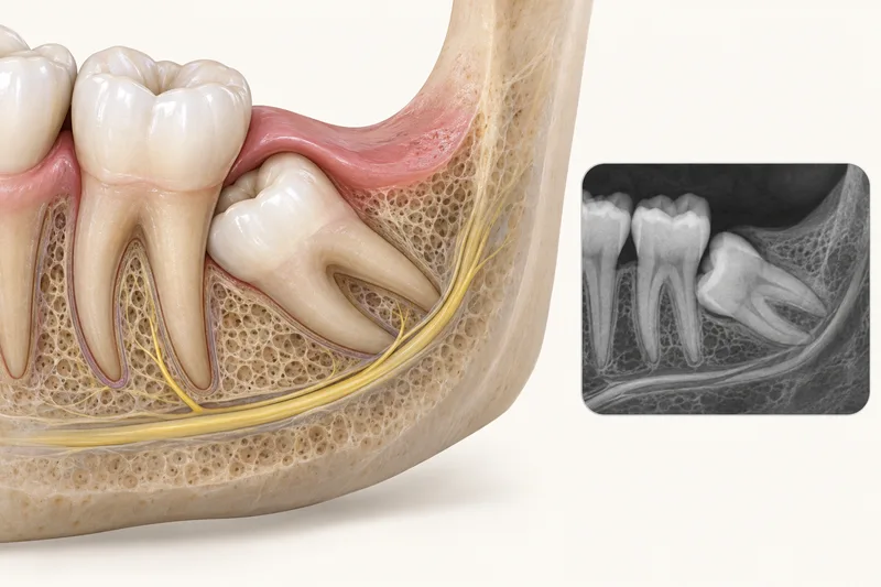 Conceptual illustration of an impacted lower wisdom tooth and nearby nerve pathway beside a dental imaging panel.