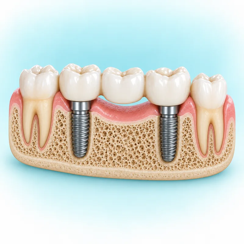 Illustration of two implants supporting joined crowns and a central pontic