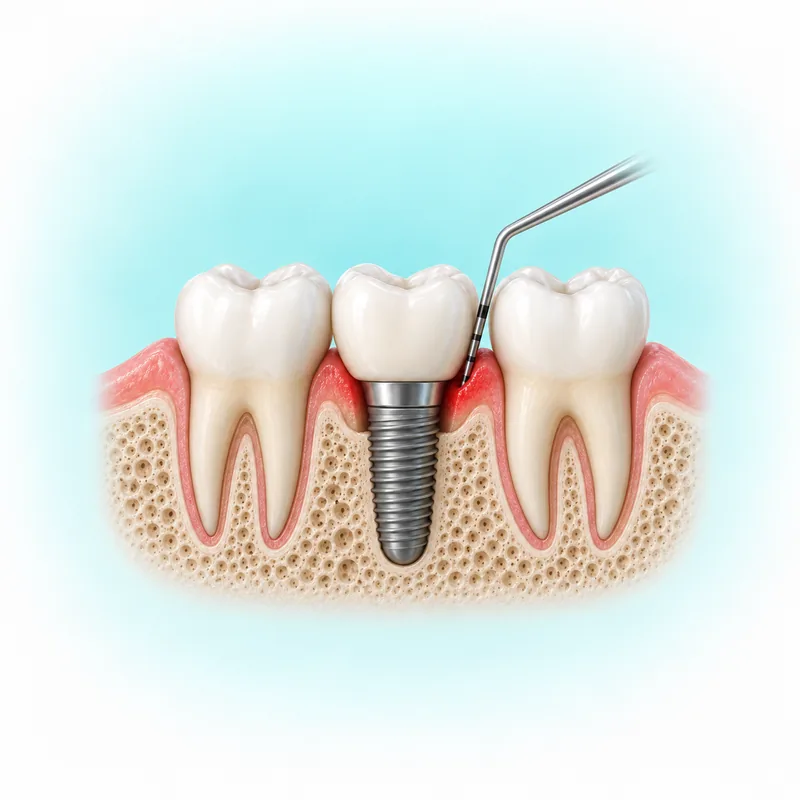 Illustration of peri-implant gum assessment with mild redness and reduced bone support