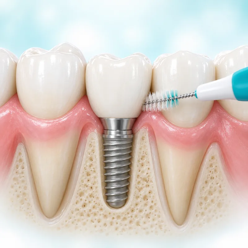 Interdental brush cleaning around an implant-supported crown with healthy surrounding tissues