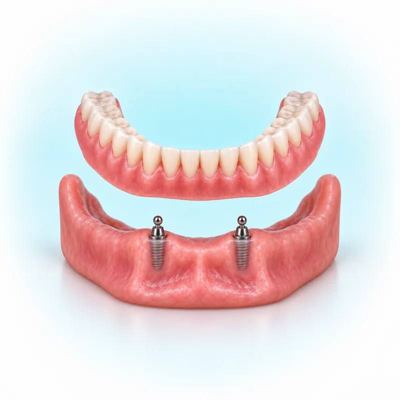Illustration of a removable lower denture above two implant attachments