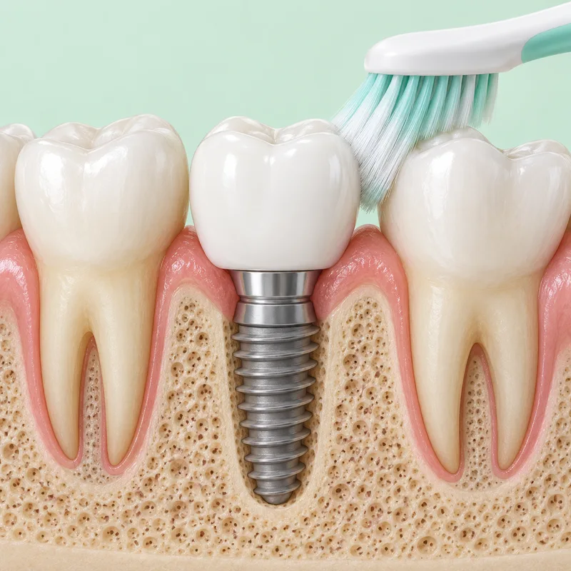 Educational illustration of gentle toothbrush cleaning beside a seated implant-supported crown