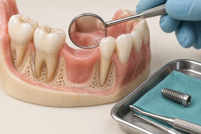 Conceptual illustration of assessment of a healed replacement site, with an unused implant separately on a tray.