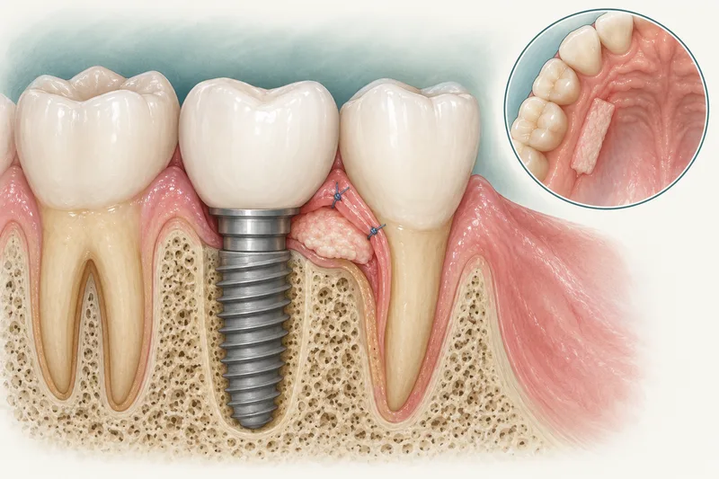 Conceptual illustration of a crowned dental implant beside natural teeth with a soft-tissue graft and a separate palate inset.