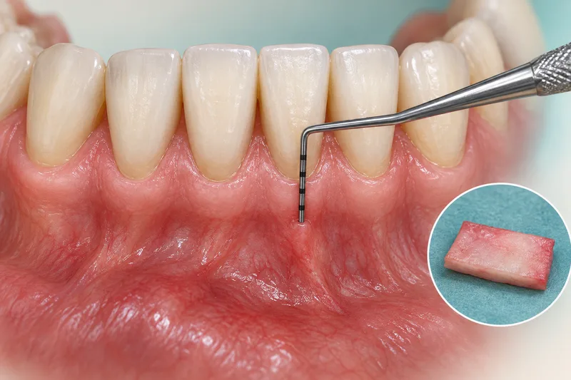 Conceptual illustration of a narrow band of firm gum beside natural teeth with a measuring probe and a separate soft-tissue graft inset.