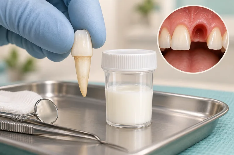 Educational illustration of a knocked-out permanent tooth handled by its crown beside a moist transport container.