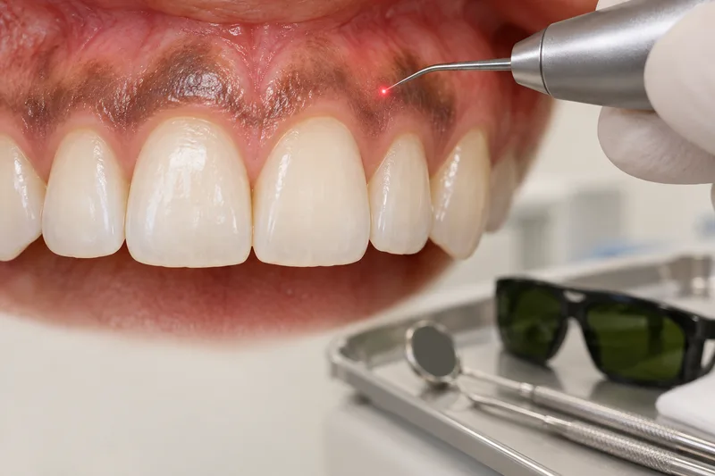 Conceptual illustration of pigmented gum beside natural teeth with a dental laser handpiece and protective eyewear nearby.