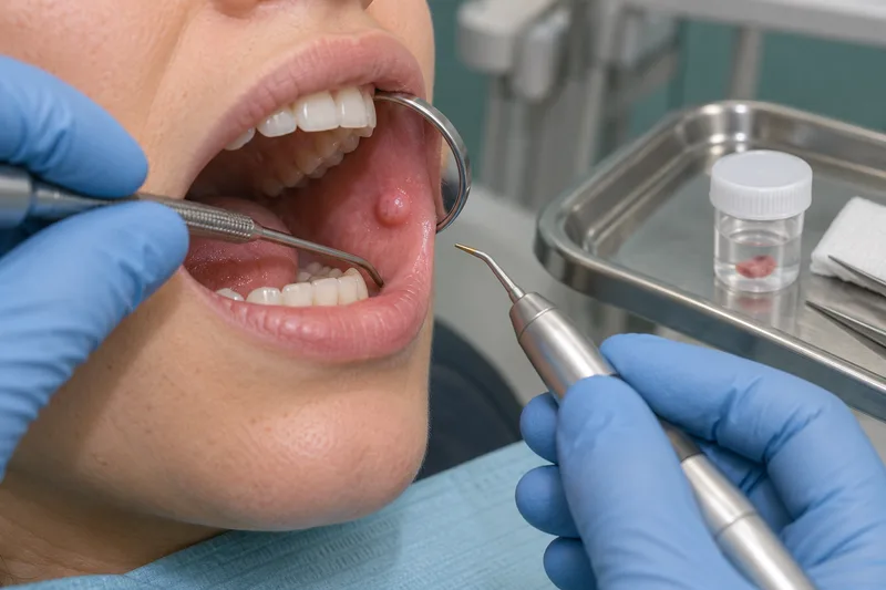 Conceptual illustration of professional assessment of a small oral soft-tissue lesion, with a laser handpiece and a specimen container nearby.